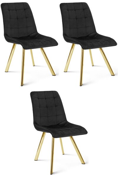 Set tří jídelních židlí CIEZA sametové, černá/zlaté nohy (3 ks)
