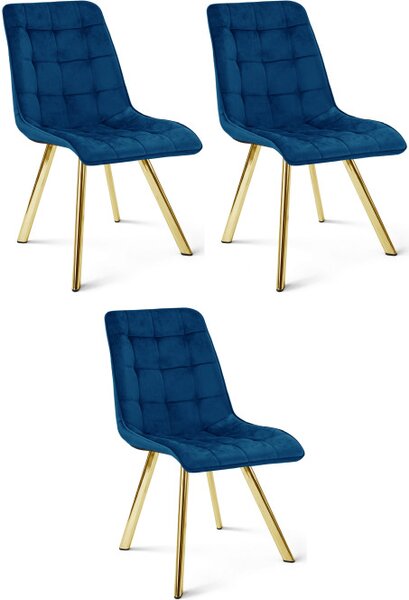Set tří jídelních židlí CIEZA sametové, modré / zlaté nohy (3 ks)