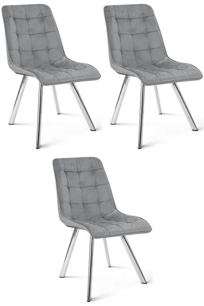 Set tří jídelních židlí CIEZA sametové, světle šedé / stříbrné nohy (3 ks)