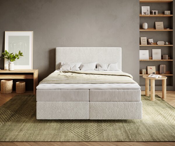 DELIFE Boxspring postel Dream-Well 160×200 cm bouclé krémovo-bílá s taštičkovou pružinovou matrací a visco topperem