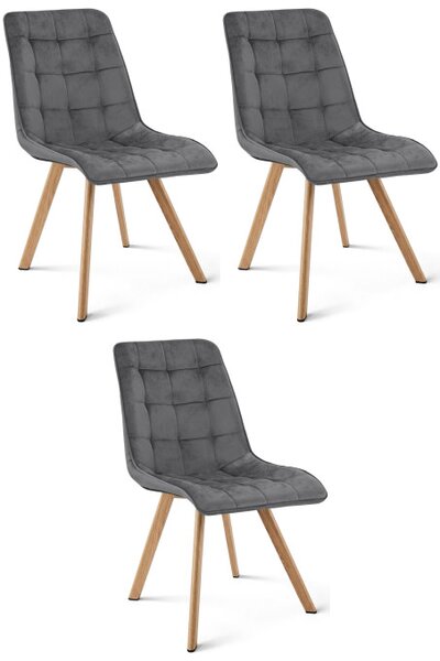 Set tří jídelních židlí CIEZA sametové, tmavě šedé / hnědé nohy (3 ks)