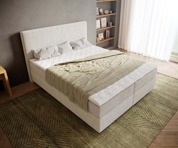 DELIFE Boxspring postel Dream-Well 160×200 cm bouclé krémovo-bílá s taštičkovou pružinovou matrací a visco topperem