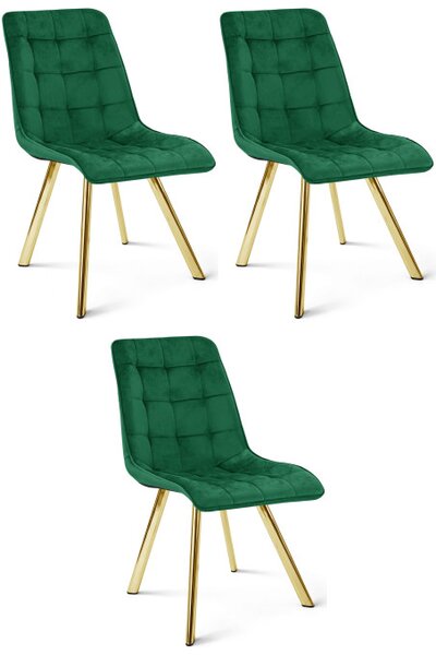 Set tří jídelních židlí CIEZA sametové, zelené / zlaté nohy (3 ks)