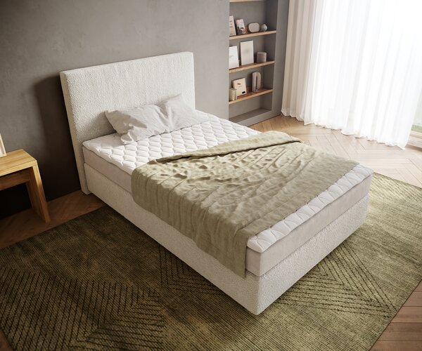 DELIFE Boxspring postel Dream-Well 120x200 cm bouclé krémová bílá s matrací a topperem