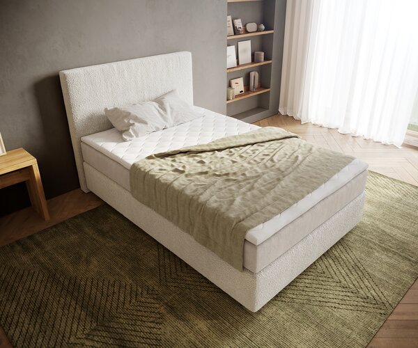 DELIFE Boxspring postel Dream-Well 120x200 cm bouclé krémová bílá s taštičkovou pružinovou matrací a visco topperem