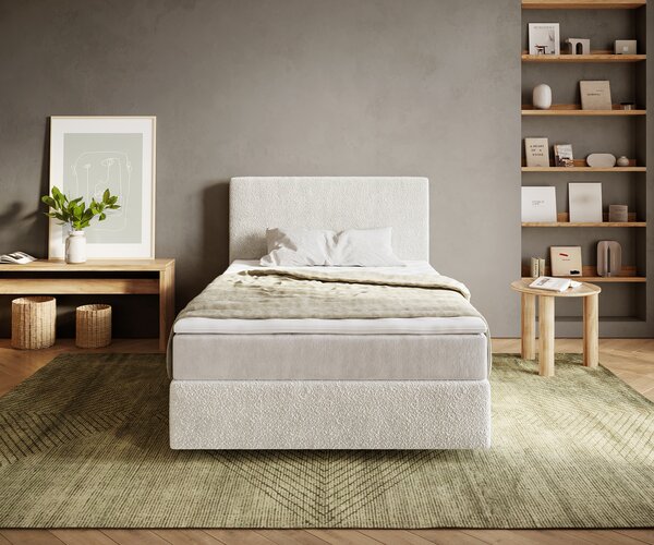 DELIFE Boxspring postel Dream-Well 120x200 cm bouclé krémová bílá s taštičkovou pružinovou matrací a visco topperem
