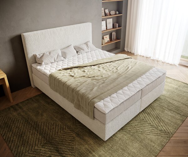 DELIFE Boxspring postel Dream-Well 160x200 cm bouclé krémová bílá s matrací a topperem
