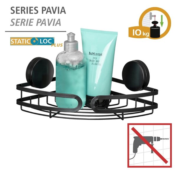 Černá rohová police do koupelny Wenko Static-Loc® Pavia, šířka 27 cm