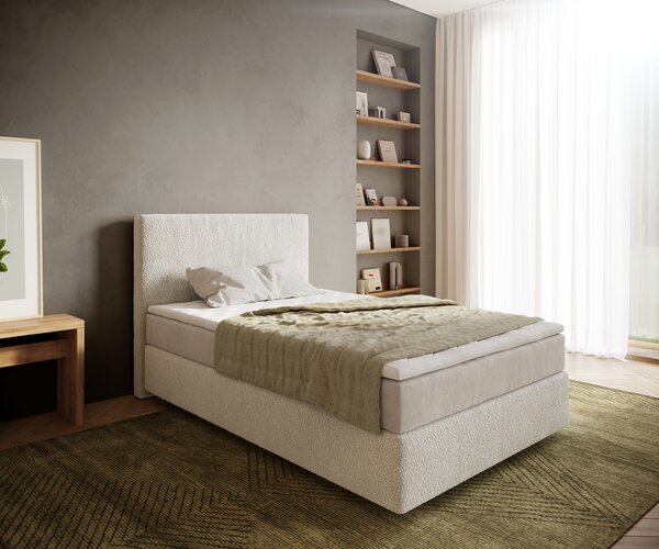 DELIFE Boxspring postel Dream-Well 120x200 cm bouclé krémová bílá s taštičkovou pružinovou matrací a visco topperem