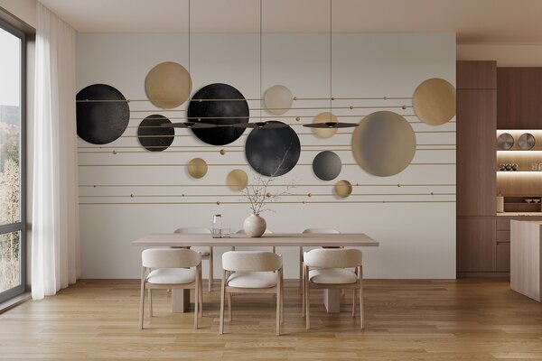Fototapety Abstraktní moderní design s texturovanými kruhy v bílých, žlutých a šedých tónech, propojené, Fototapety moderní, w09060 : uwalls.cz