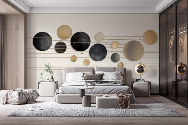 Fototapety Abstraktní moderní design s texturovanými kruhy v bílých, žlutých a šedých tónech, propojené, Fototapety moderní, w09060 : uwalls.cz