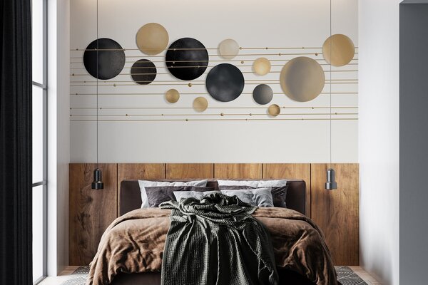 Fototapety Abstraktní moderní design s texturovanými kruhy v bílých, žlutých a šedých tónech, propojené, Fototapety moderní, w09060 : uwalls.cz