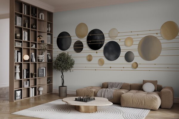 Fototapety Abstraktní moderní design s texturovanými kruhy v bílých, žlutých a šedých tónech, propojené, Fototapety moderní, w09060 : uwalls.cz