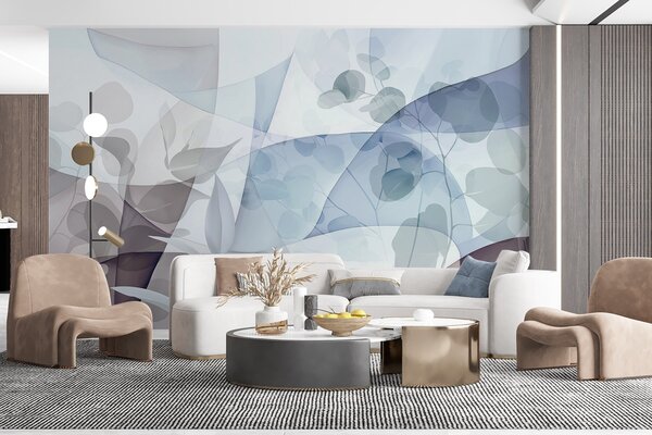 Fototapety Abstraktní botanická ilustrace s eukalyptovými listy a geometrickými tvary v jemných tlumených, Fototapety abstraktní, w09061 : uwalls.cz