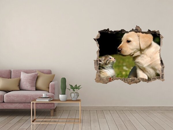 Díra 3D fototapeta nálepka Pes a kočka na louce nd-k-38411802