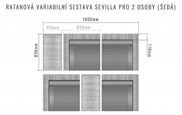 Ratanová variabilní sestava SEVILLA pro 2 osoby (šedá)