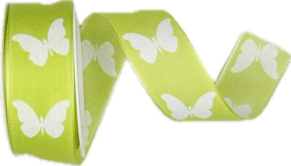 Stuha látková SWEET BUTTERFLY GREEN hráškově zelená 25mm x 2,5m(8,- Kč/m)
