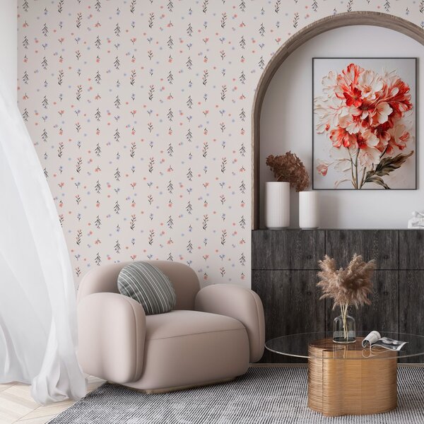 Tapety Drobné květy ve světle růžových a modrých tónech na krémovém pozadí, Tapety boho, a00110 : uwalls.cz