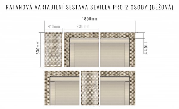 Ratanová variabilní sestava SEVILLA pro 2 osoby (béžová)