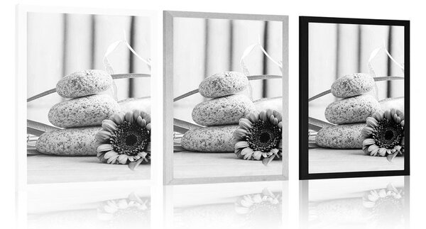 Plakát meditační a wellness zátiší v černobílém provedení