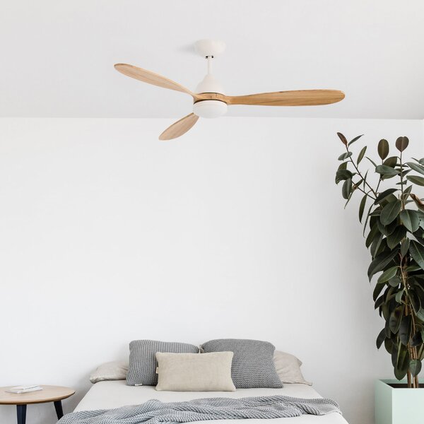 Stropní ventilátor Poros, LED osvětlení, Ø 132 cm, bílá/světlé dřevo FARO BARCELONA, Poros, stmívatelné, Bílá, Obývací pokoj, Kov, Moderní