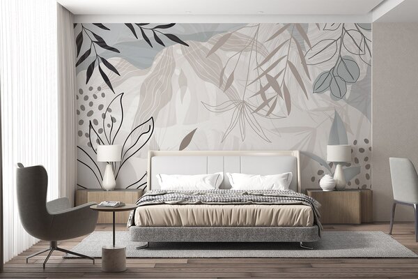 Fototapety Abstraktní květinový moderní design s pastelově béžovými, šedými, modrými a černými listy,, Fototapety moderní, w09105 : uwalls.cz