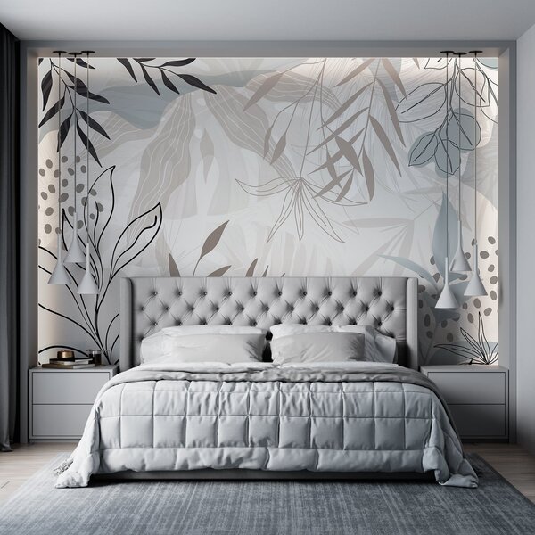 Fototapety Abstraktní květinový moderní design s pastelově béžovými, šedými, modrými a černými listy,, Fototapety moderní, w09105 : uwalls.cz