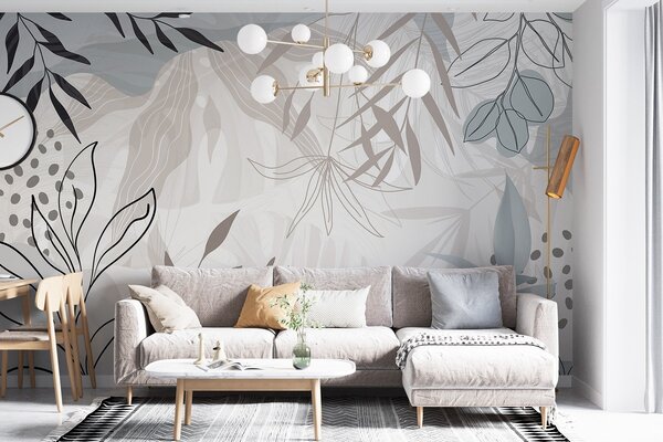 Fototapety Abstraktní květinový moderní design s pastelově béžovými, šedými, modrými a černými listy,, Fototapety moderní, w09105 : uwalls.cz