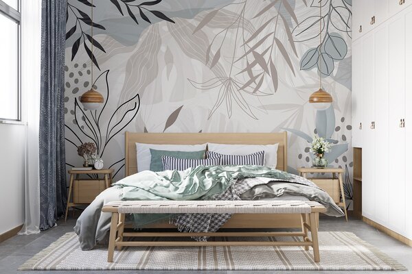 Fototapety Abstraktní květinový moderní design s pastelově béžovými, šedými, modrými a černými listy,, Fototapety moderní, w09105 : uwalls.cz