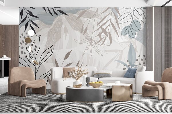 Fototapety Abstraktní květinový moderní design s pastelově béžovými, šedými, modrými a černými listy,, Fototapety moderní, w09105 : uwalls.cz