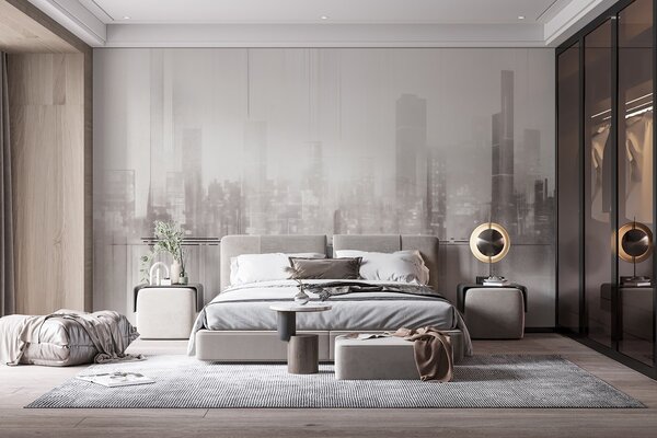 Fototapety Abstraktní texturovaná městská krajina s vysokými budovami a pásy v odstínech šedé a bílé barvy,, Fototapety city, w09119 : uwalls.cz