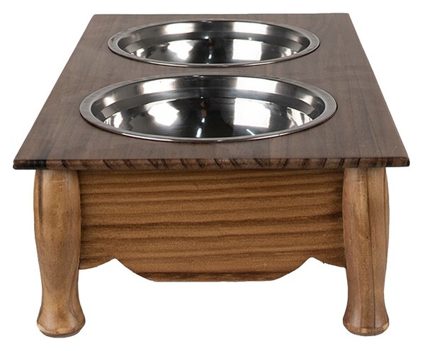 Misky pro zvířata v hnědém antik dřevěném stojanu - 41*22*12 cm / 2*500 ml - Clayre & Eef
