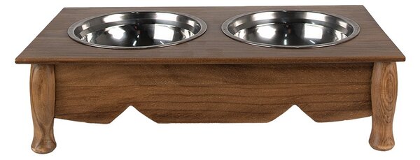 Misky pro zvířata v hnědém antik dřevěném stojanu - 41*22*12 cm / 2*500 ml - Clayre & Eef