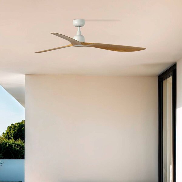 FARO BARCELONA Stropní ventilátor Outwood, hnědý, DC, tichý, Ø 150 cm, IP44, Světlé dřevo, Obývací pokoj / jídelna, Plast, Venkovský / rustikální
