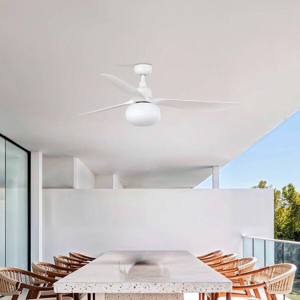 FARO BARCELONA Stropní ventilátor s osvětlením Outwood, bílý, DC, tichý, Ø150cm, stmívatelný, Obývací pokoj / jídelna, Plast, Moderní
