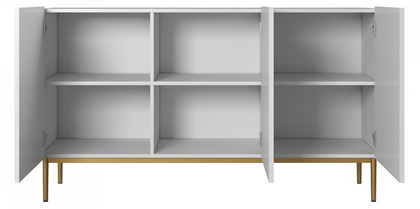Moderní komoda Nicole 150 cm třídveřová s ryhovaným čelem - bílý mat / zlaté nožky