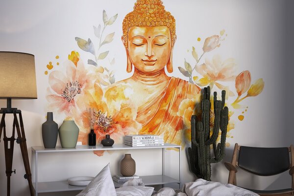 Fototapety Akvarel Buddha s květinami, duchovní, oranžová paleta barev , Fototapety akvarel, w04005 : uwalls.cz