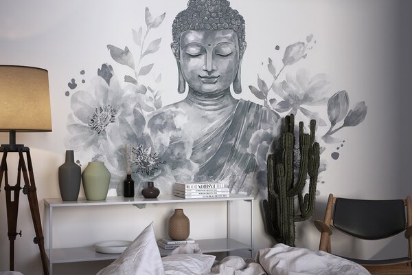 Fototapety Akvarel Buddha s květinami, duchovní, šedá paleta barev , Fototapety květiny, w04005v1 : uwalls.cz