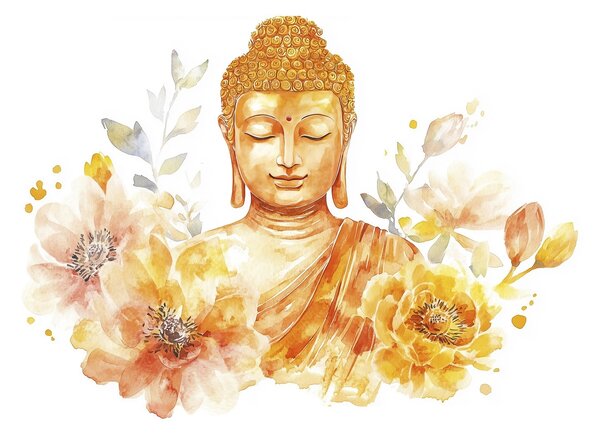 Fototapety Akvarel Buddha s květinami, duchovní, oranžová paleta barev , Fototapety akvarel, w04005 : uwalls.cz