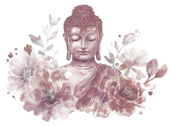 Fototapety Akvarel Buddha s květinami, duchovní, vínová barevná paleta , Fototapety květiny, w04005v2 : uwalls.cz
