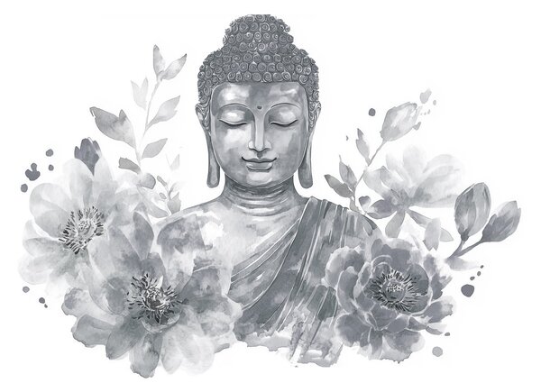 Fototapety Akvarel Buddha s květinami, duchovní, šedá paleta barev , Fototapety květiny, w04005v1 : uwalls.cz
