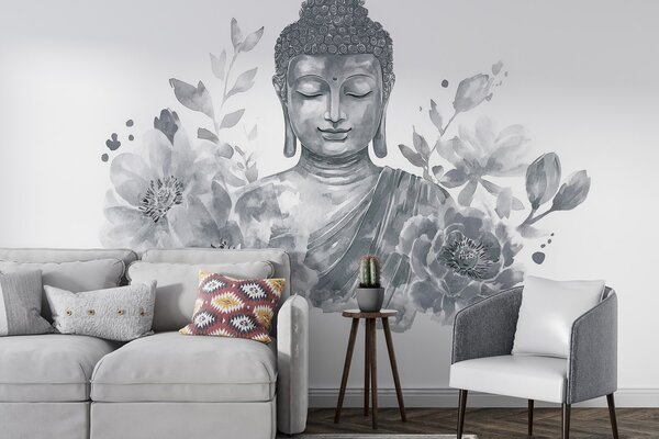 Fototapety Akvarel Buddha s květinami, duchovní, šedá paleta barev , Fototapety květiny, w04005v1 : uwalls.cz