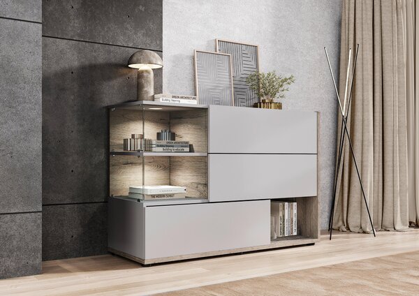 KOMODA, šedá, barvy dubu, 120/77/40 cm MID.YOU - Široké komody, Online Only