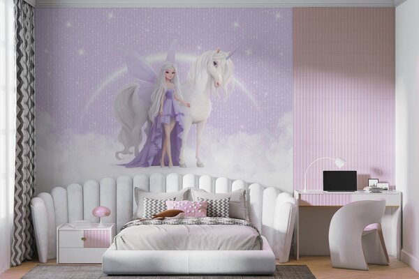 Fototapety Víla s jednorožcem mezi mraky, Fototapety dětské, Fototapety pro dívku, w03527 : uwalls.cz
