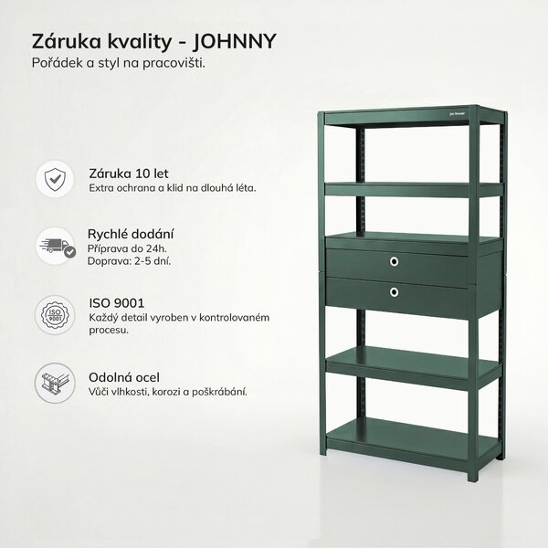 Kovový regál se zásuvkami zelený: JOHNNY, 1800 x 800 x 420 mm