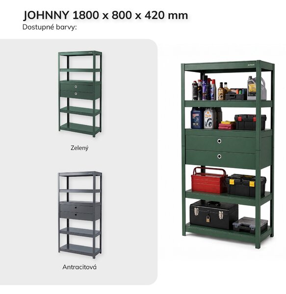 Kovový regál se zásuvkami zelený: JOHNNY, 1800 x 800 x 420 mm