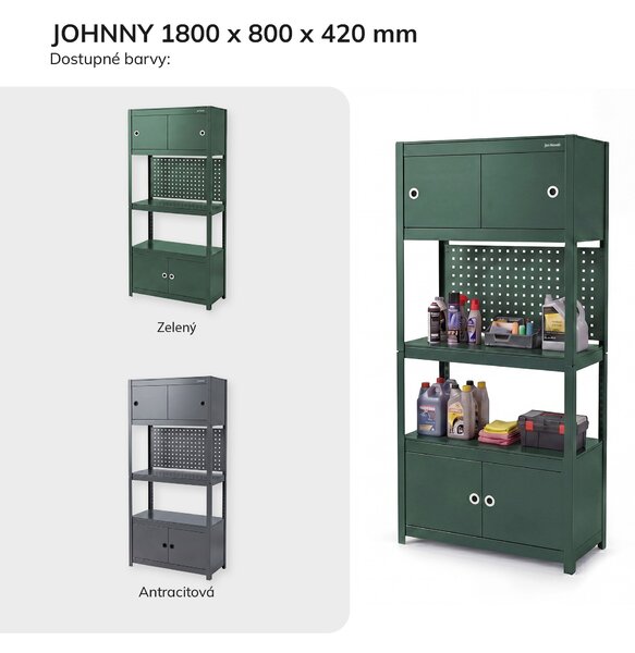 Kovový regál se skříňkami zelený: JOHNNY, 1800 x 800 x 420 mm