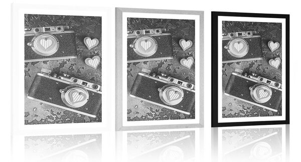 Plakát s paspartou dva retro fotoaparáty v černobílém provedení