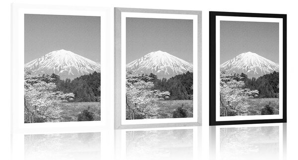 Plakát s paspartou hora Fuji v černobílém provedení
