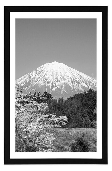 Plakát s paspartou hora Fuji v černobílém provedení